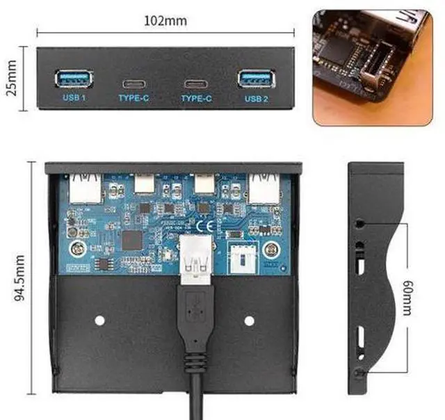 Alt view image 3 of 3 - USB 3.0 HUB 4 Ports & USB-C Front Panel Motherboard to USB 3.1 Front Panel Header Cable Cord for 3.5" Floppy Bay