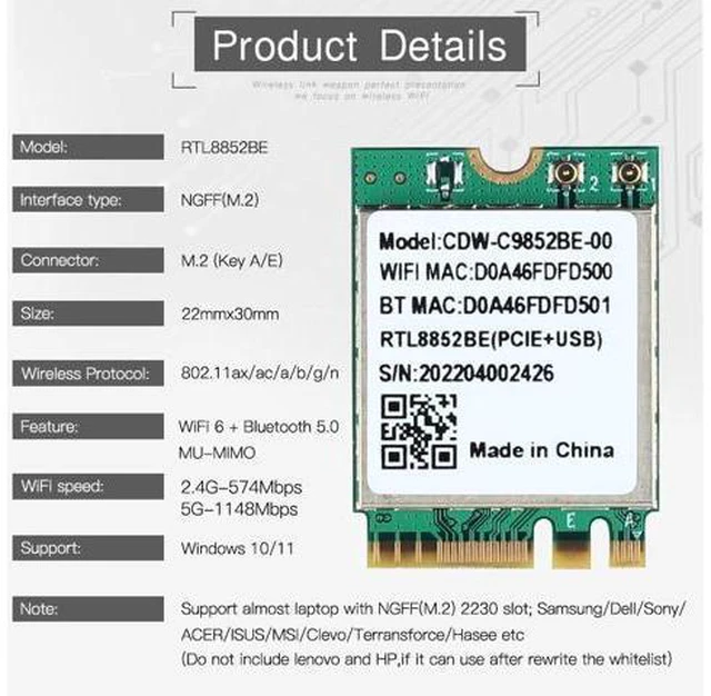 Alt view image 2 of 6 - Wifi 6 Realtek RTL8852BE Network Card 1800Mbps BT 5.0 Dual Band Wireless Wi-Fi Adapter 802.11ac/ax 2.4G/5Ghz MU-MIMO For Win 10