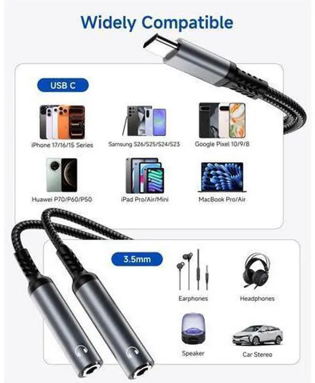 Alt view image 5 of 7 - USB C to Dual 3.5mm Headphone Splitter for 2 Headphones Hi-Res Type C to Aux Audio Jack Splitter Headphone Adapter Compatible with iPad iPhone 17/16/15 Pro Max S26/S25/S24/S23 Pixel 10/9 XL