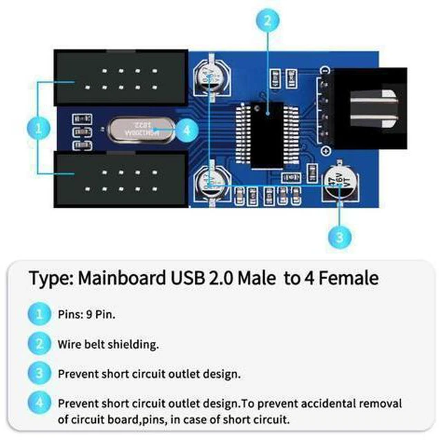 Alt view image 2 of 7 - 4 in 1 Internal USB Splitter Cable, Electop 9 pin USB Header Male 1 to 4 Female Extension Connector Adapter, USB 2.0 HUB Connector Port Multiplier PWM Fan Splitter Cable (30cm/0.98ft)