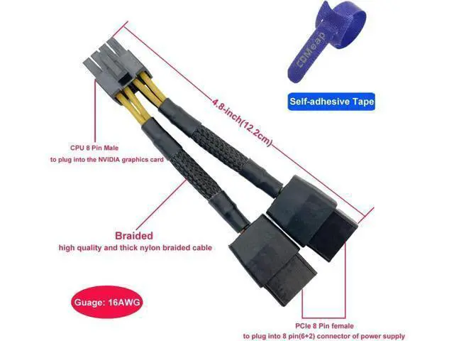 Alt view image 4 of 5 - Graphics Card Power Sleeved Cable CPU 8 Pin Male to Dual PCIe 8 Pin Female Adapter for Tesla K80/M40/M60/P40/P100 4.8-inch(12.2cm) (2-Pack)