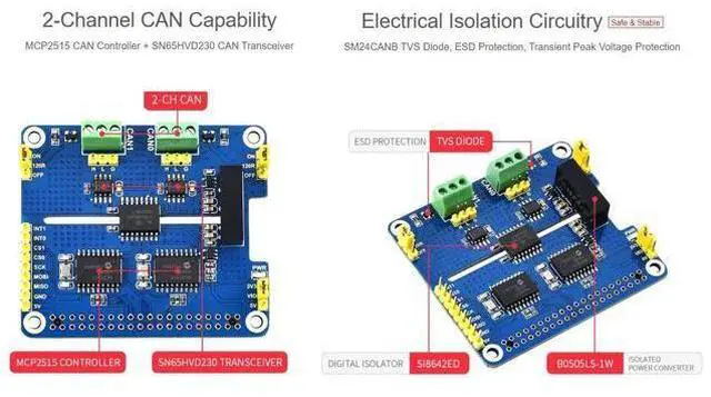 Alt view image 5 of 5 - 2-Channel Isolated CAN Bus Expansion HAT Compatible with Raspberry Pi/Arduino/STM32,2-CH CAN HAT with MCP2515 + SN65HVD230 Dual Chips Solution,Multi Onboard Protection Circuits