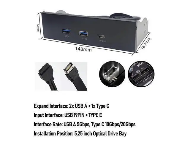 Alt view image 2 of 7 - 5.25 Inch Front Panel USB Hub, 3 Ports USB Front Panel Floppy Disk Bay, 19 Pin USB3.2 GEN2 Internal USB Hub with 2 USB A and 20Gbps USB C Port, for PC Case