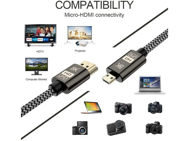 Alt view image 4 of 7 - CABLEDECONN Micro HDMI to HDMI 2.1 8K Cable High Speed 8K@60Hz 4K@120Hz Male to Male Ultra HD HDR Adapter for Digital Cameras camcorders Tablets and Other Devices with Micro HDMI 1.5M