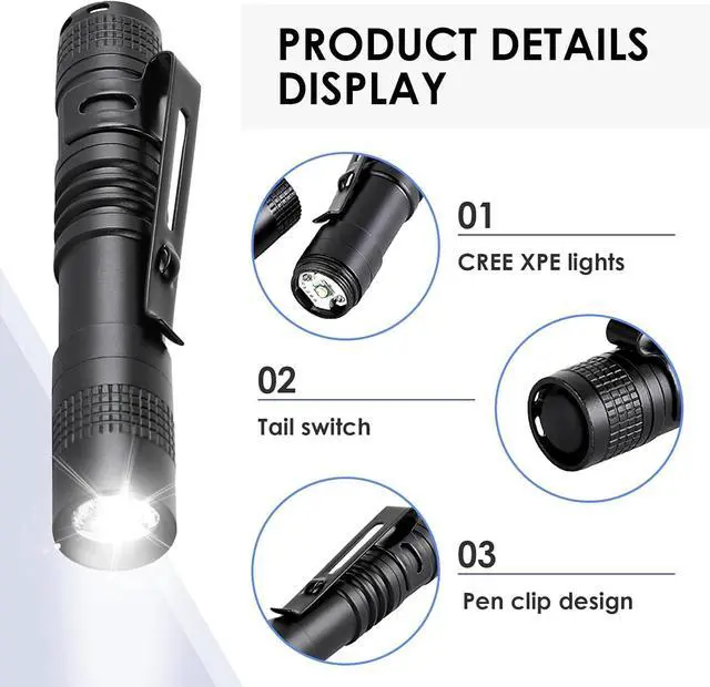 Alt view image 2 of 7 - Mini Flashlight, AAA Small Pen Light with Clip, Portable 500lm Pocket Pen Flashlight for Inspection Repair Outdoor Emergency (3 Pack, Black, 3.5")