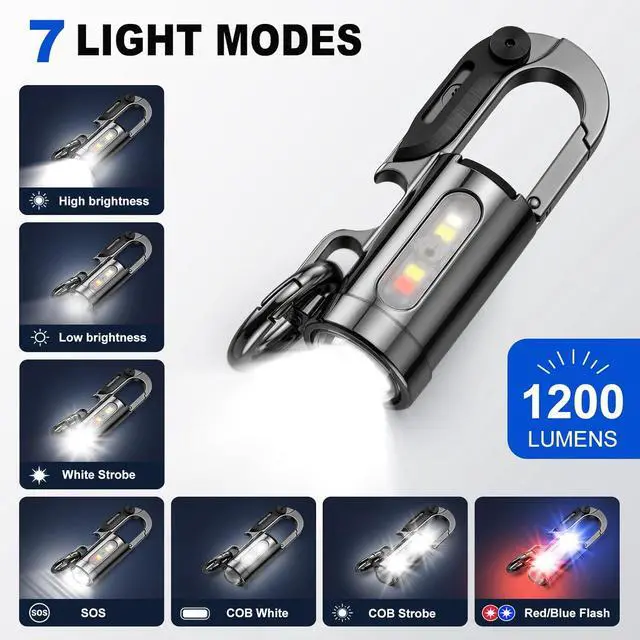 Alt view image 6 of 6 - Rechargeable Keychain Flashlights, 1200 Lumens Dual Light Sources Compact and Portable Mini LED Keyring Lights 7 Light Modes, for Walking, Searching and Hiking (Black)