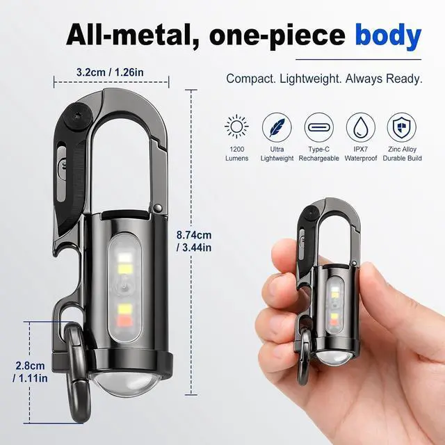 Alt view image 3 of 6 - Rechargeable Keychain Flashlights, 1200 Lumens Dual Light Sources Compact and Portable Mini LED Keyring Lights 7 Light Modes, for Walking, Searching and Hiking (Black)