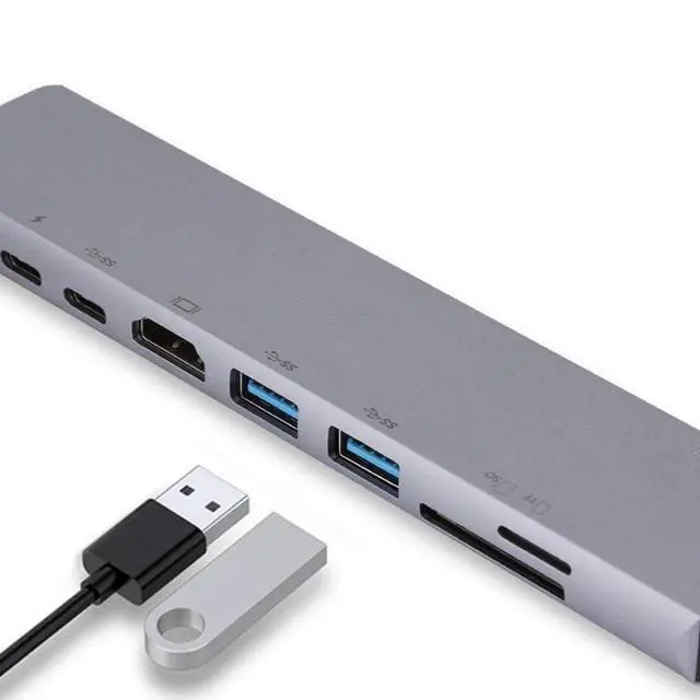 Alt view image 2 of 6 - 8-in-1 USB-C Hub Adapter Type-C Cable 4K 60Hz Converter Ethernet USB 3.0 8-in-1 Hub USB Charging Station Dock Station