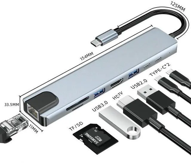 Main image of 8-in-1 USB-C Hub Adapter Type-C Cable 4K 60Hz Converter Ethernet USB 3.0 8-in-1 Hub USB Charging Station Dock Station
