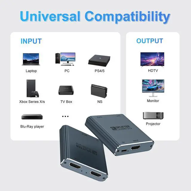 Alt view image 3 of 6 - Aluminum alloy 1x2 high-definition TV splitter for 4K, with Type-C power cable and high-definition TV cable, 1 input 2 output high-definition TV splitter, suitable for dual display/TV screen displays