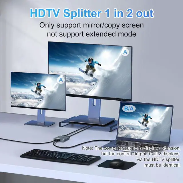 Alt view image 4 of 6 - Aluminum alloy 1x2 high-definition TV splitter for 4K, with Type-C power cable and high-definition TV cable, 1 input 2 output high-definition TV splitter, suitable for dual display/TV screen displays