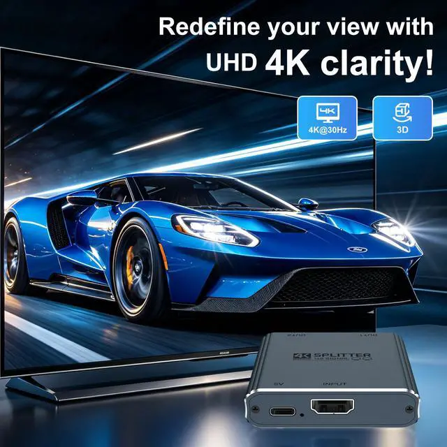 Alt view image 2 of 6 - Aluminum alloy 1x2 high-definition TV splitter for 4K, with Type-C power cable and high-definition TV cable, 1 input 2 output high-definition TV splitter, suitable for dual display/TV screen displays