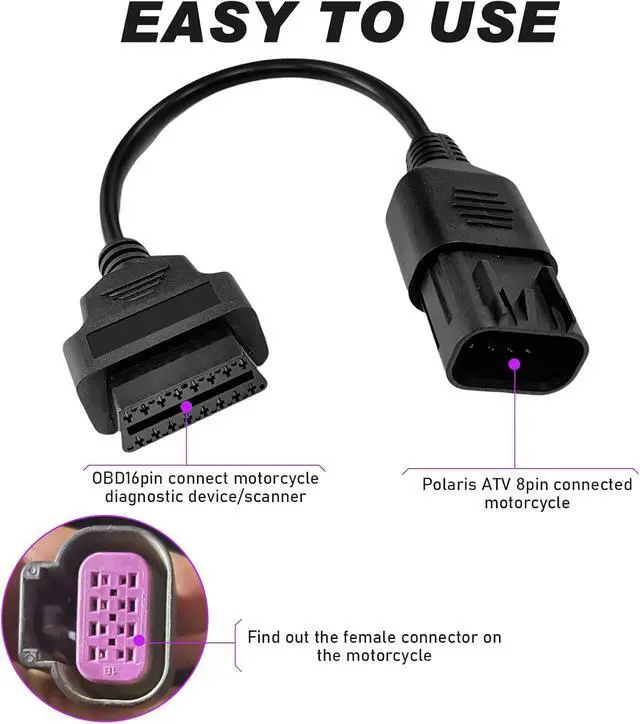 Alt view image 4 of 6 - OBD2 Adapter Cable for Polaris 8 Pin to 16 Pin OBD Diagnostic Connector | Fit for Polaris Slingshot, RZR, Ranger, General, Sportsman, ACE, ATV Motorcycle Diagnostic Tool, Work with OBDii Code Reader