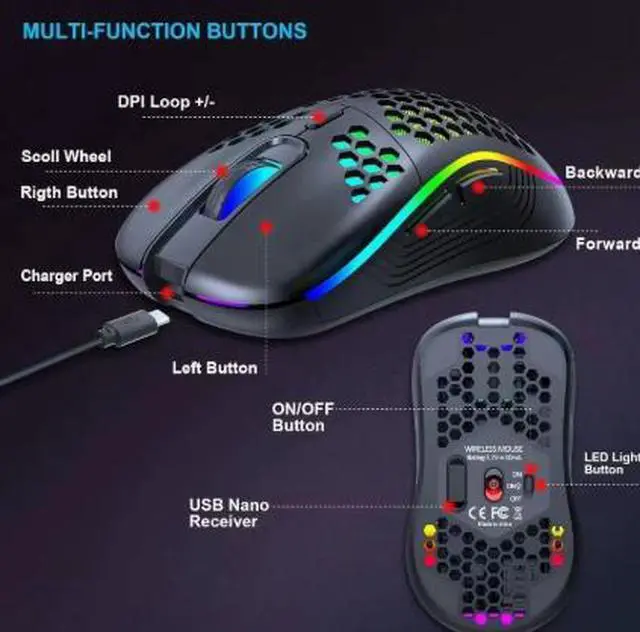 Alt view image 4 of 6 - Wireless gaming mouse with RGB lighting is suitable for office and business wired e-sports mice with 7200 DPI