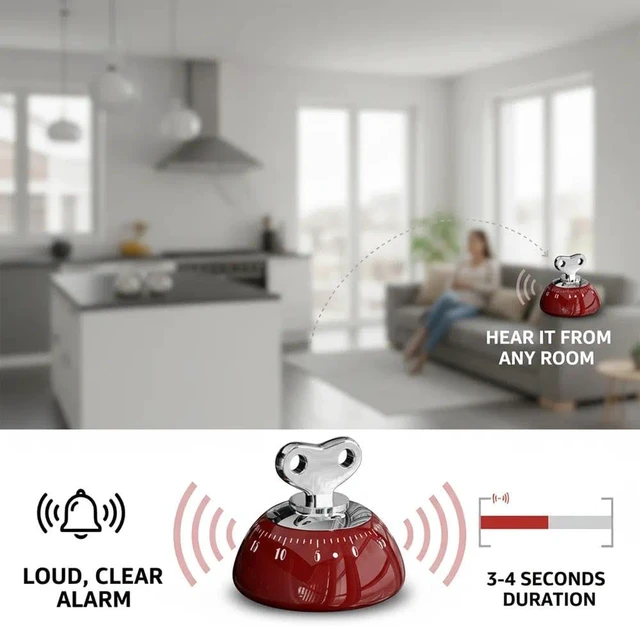 Alt view image 5 of 7 - Retro Kitchen Timer Magnetic Mechanical 60 Minute Wind Up Timer No Batteries, Loud Alarm Timer for Cooking, Baking, Classroom, ABS Portable Kitchen Timer, Magnetic Mechanical Timing(Red )
