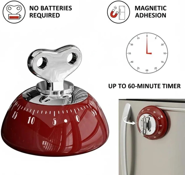 Main image of Retro Kitchen Timer Magnetic Mechanical 60 Minute Wind Up Timer No Batteries, Loud Alarm Timer for Cooking, Baking, Classroom, ABS Portable Kitchen Timer, Magnetic Mechanical Timing(Red )