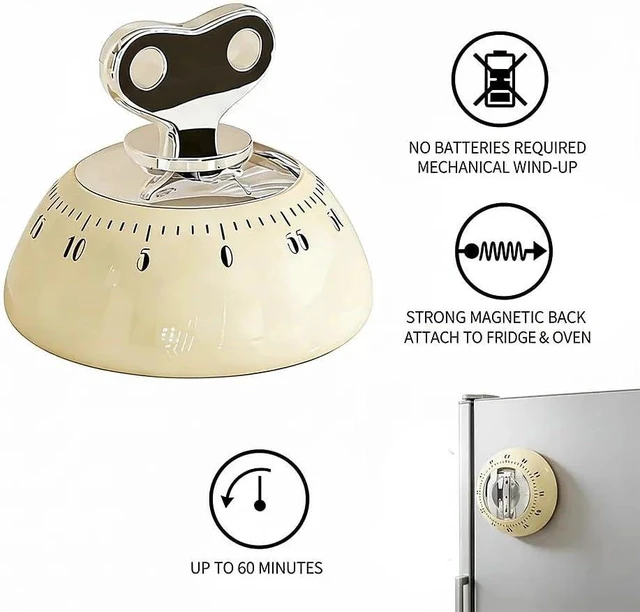Main image of Retro Kitchen Timer Magnetic Mechanical 60 Minute Wind Up Timer No Batteries, Loud Alarm Timer for Cooking, Baking, Classroom, ABS Portable Kitchen Timer, Magnetic Mechanical Timing(Red ) White