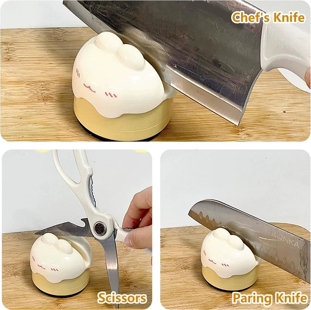 Alt view image 3 of 5 - Cute Style Kitchen Knife Sharpener with Suction Cup Base, Compact Round Design, Essential and Practical Tool for Home Use (Pink) yellow