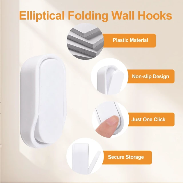 Alt view image 7 of 7 - Elliptical Folding Wall Hook, 6Pcs Space-Saving Walls Mounted Hangers with Self-Adhesive and Screw Options for Kitchen Bathroom Entryway Bedroom Organizer