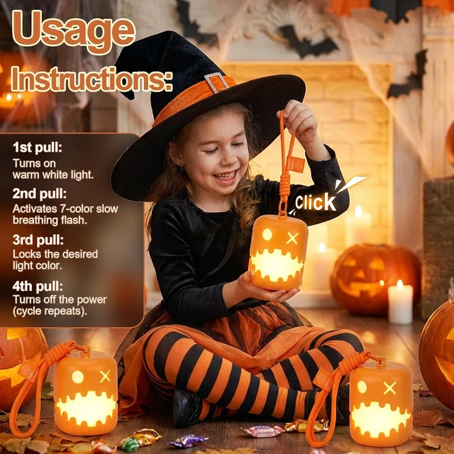 Alt view image 3 of 7 - Halloween Jack-O-Lantern Pull String Night Light, Rechargeable Type-C Portable Pumpkin Lamp, 7-Color & Warm White LED, Cute Decor for Bedroom Camping, Holiday Gift for Women Girls Friends