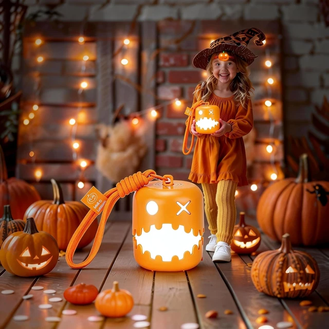 Alt view image 6 of 7 - Halloween Jack-O-Lantern Pull String Night Light, Rechargeable Type-C Portable Pumpkin Lamp, 7-Color & Warm White LED, Cute Decor for Bedroom Camping, Holiday Gift for Women Girls Friends