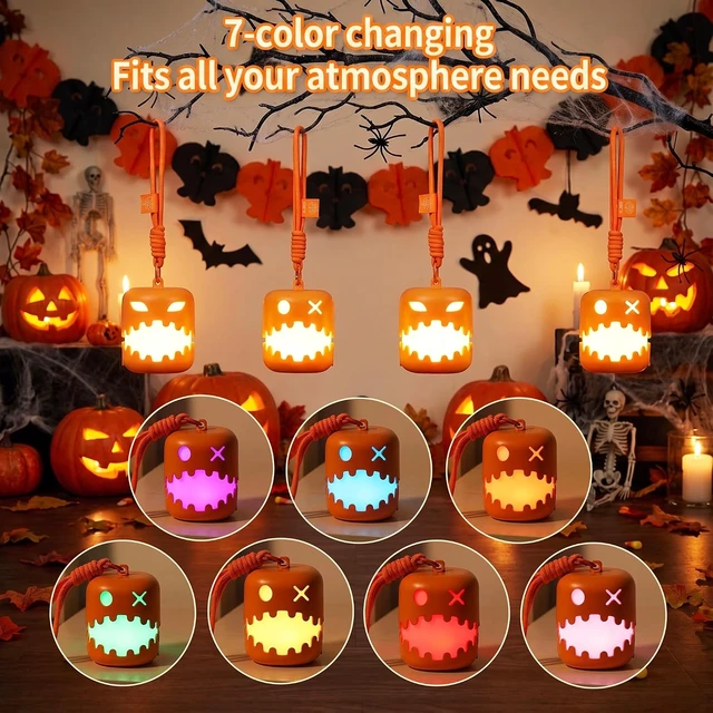 Alt view image 2 of 7 - Halloween Jack-O-Lantern Pull String Night Light, Rechargeable Type-C Portable Pumpkin Lamp, 7-Color & Warm White LED, Cute Decor for Bedroom Camping, Holiday Gift for Women Girls Friends