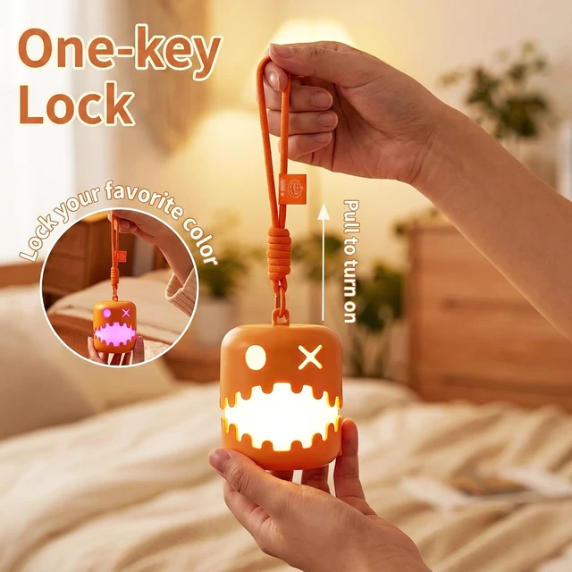 Alt view image 7 of 7 - Halloween Jack-O-Lantern Pull String Night Light, Rechargeable Type-C Portable Pumpkin Lamp, 7-Color & Warm White LED, Cute Decor for Bedroom Camping, Holiday Gift for Women Girls Friends