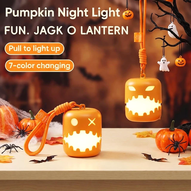 Alt view image 5 of 7 - Halloween Jack-O-Lantern Pull String Night Light, Rechargeable Type-C Portable Pumpkin Lamp, 7-Color & Warm White LED, Cute Decor for Bedroom Camping, Holiday Gift for Women Girls Friends