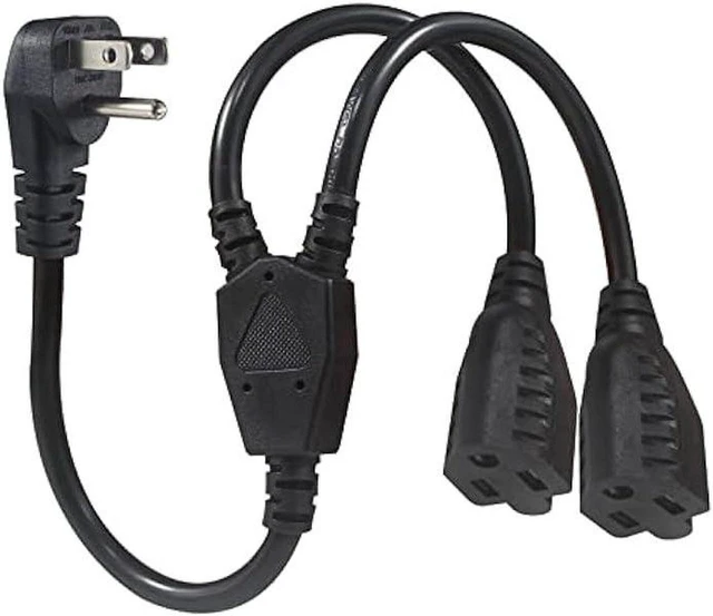Main image of Power Cord Extension Y Splitter - 1 to 2 Way Outlet Adapter NEMA 5-15P 90-Degree Flat Plug to 2 X NEMA 5-15R with SJT 16AWG 3-Prong Cable Wire Extender Space Saver for Kitchen Home Office
