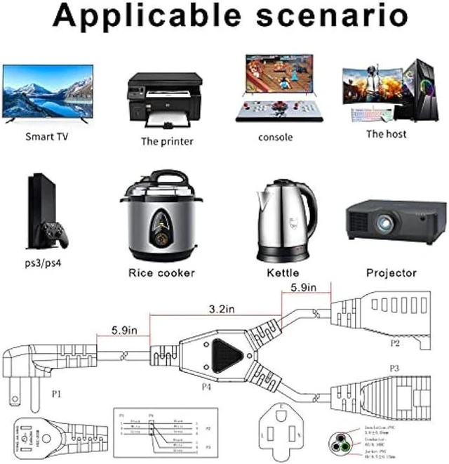 Alt view image 5 of 6 - Power Cord Extension Y Splitter - 1 to 2 Way Outlet Adapter NEMA 5-15P 90-Degree Flat Plug to 2 X NEMA 5-15R with SJT 16AWG 3-Prong Cable Wire Extender Space Saver for Kitchen Home Office