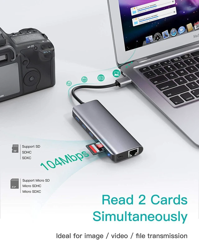 Alt view image 4 of 7 - USB to Ethernet Adapter 7-in-1 Aluminum USB Hub with 10/100/1000 Gigabit Ethernet Network Adapter USB 3.0 Ports USB 2.0 SD/Micro SD Card Reader Compatible with MacBook Air/Pro Windows Linux Chromebook