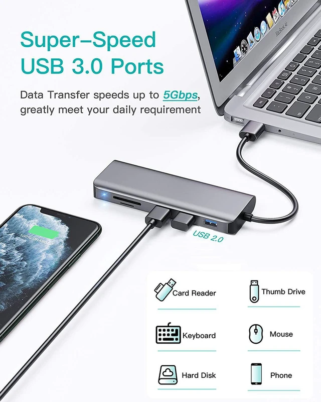 Alt view image 6 of 7 - USB to Ethernet Adapter 7-in-1 Aluminum USB Hub with 10/100/1000 Gigabit Ethernet Network Adapter USB 3.0 Ports USB 2.0 SD/Micro SD Card Reader Compatible with MacBook Air/Pro Windows Linux Chromebook