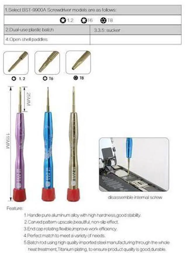 Alt view image 3 of 5 - BST-9900C 6 in 1 Precision Screwdriver Kit 0.8 Pentalobe T6 T8 Trox Suction Cup Spudger for Mobile Phone Repair Tools Set