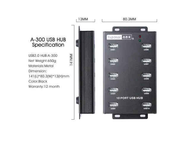 Alt view image 5 of 7 - Sipolar A-300 metal 10 Ports USB 2.0 Powered Hub -USB Extension Splitter for Bitcoin Minings with 12V 5A 60W Power Adapter On/Off Switch Din-Rail