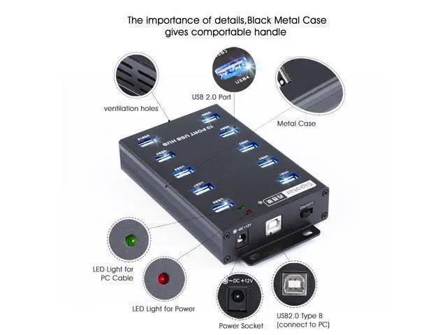 Alt view image 4 of 7 - Sipolar A-300 metal 10 Ports USB 2.0 Powered Hub -USB Extension Splitter for Bitcoin Minings with 12V 5A 60W Power Adapter On/Off Switch Din-Rail
