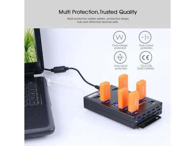 Alt view image 3 of 7 - Sipolar A-300 metal 10 Ports USB 2.0 Powered Hub -USB Extension Splitter for Bitcoin Minings with 12V 5A 60W Power Adapter On/Off Switch Din-Rail