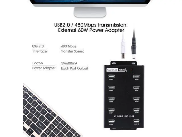 Alt view image 2 of 7 - Sipolar A-300 metal 10 Ports USB 2.0 Powered Hub -USB Extension Splitter for Bitcoin Minings with 12V 5A 60W Power Adapter On/Off Switch Din-Rail