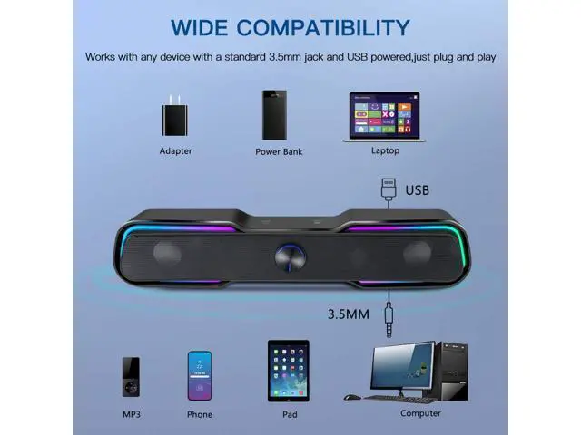 Alt view image 5 of 7 - Computer Speakers,ARCHEER PC RGB Gaming Speakers Wired Computer Soundbar Bluetooth 5.0 USB Powered Desktop Speakers with Stereo Bass LED Light for Desktop PC Laptop Tablet Smartphones (10W/Black)