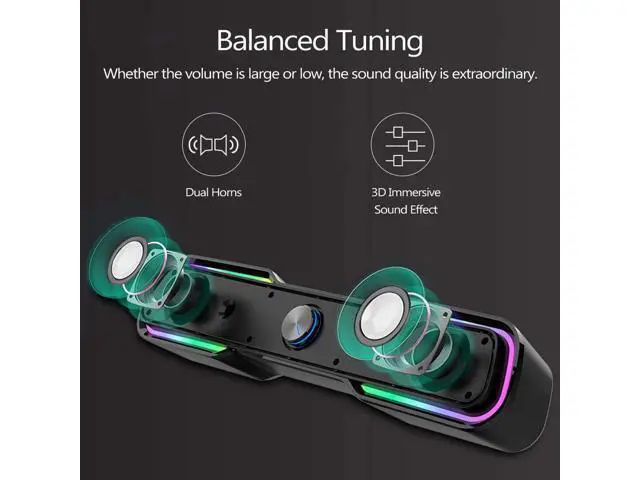 Alt view image 5 of 7 - Computer Speakers, PC RGB Gaming Speakers USB Powered Wired Computer Soundbar with Enhanced Stereo Bass LED Light,Dual-Channel Desktop Speakers for PC Laptop Tablet Smartphones (Black)