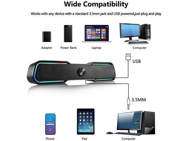 Alt view image 7 of 7 - Computer Speakers, PC RGB Gaming Speakers USB Powered Wired Computer Soundbar with Enhanced Stereo Bass LED Light,Dual-Channel Desktop Speakers for PC Laptop Tablet Smartphones (Black)