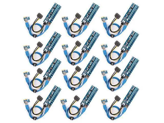 Main image of The 12 Pack PCI-E Riser for BitcoinLitecoin ETH Coin Ubit Mining Dedicated Graphics Card PCI-E Riser 1X to 16X Riser Card 164P / 60cm USB 3.0 Extension Cable & MOLEX to SATA Power Cable (VER006c)