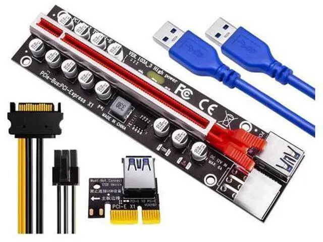Alt view image 4 of 6 - PCIE Riser for Video Card VER103A-3 Riser PCI Express X16 High Power 12 Capacitor SATA to 6Pin Cable USB3.0 Cable for BTC Mining