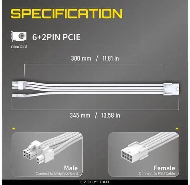 Alt view image 2 of 7 - PCIE 8-Pin Female to 8-Pin (6+2) Male Power Supply Adapter Extension Cable for Graphics Card or PCIE Device 11.8 inch (30 cm)-All White