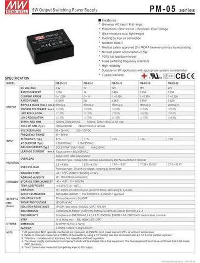 Alt view image 2 of 3 - MW PM-05-5 5V 1A 5W Green Open Frame Single Output Switching Power Supply