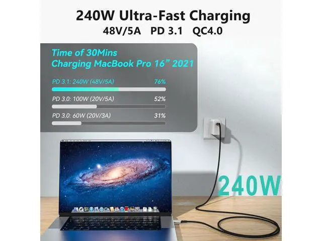 Alt view image 3 of 5 - USB4 Cable, with Thunderbolt 4 Cable, 240W Charging, 40Gbps Data, 8K @ 60Hz 4K120Hz HDR, PD3.1, USB C to USB C Cable, M1 M2 M3 SSD Laptops Monitor