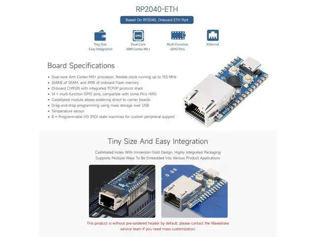 Alt view image 3 of 5 - Waveshare RP2040-ETH Mini Development Board, RP2040 Ethernet Port Module, Raspberry Pi Microcontroller Development Board, Based On Official RP2040 Dual Core Processor