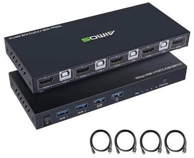 Main image of KVM Switch HDMI 4K @60Hz 4 Port Box, USB Switch with 4 USB 2.0 Hubs, 4 in 1 Out HDMI KVM Switch Support Wireless Keyboard and Mouse and hotkey Switching, No Power Require eokCXOY