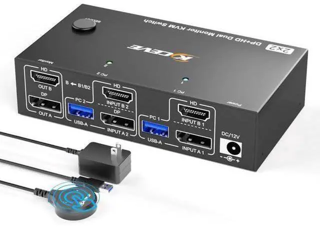 Main image of 8K@60Hz HDMI+Displayport KVM Switch 2 Monitors 2 Computers,USB 3.0 KVM Switches Dual Monitor for 2 Computer Share 2 Monitor and 4 USB Ports,with Wired Remote,12V Power Adapter and USB Cables