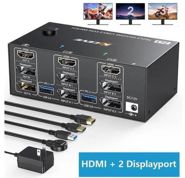 Main image of Triple Monitors KVM Switch HDMI 2 Displayport USB 3.0 KVM Switch 8K@60Hz, 4K@144Hz 3 Monitors 2 Computers KVM with 4 USB 3.0 Ports Included KVM Cables,HD-MI 8K@60Hz/4K@60Hz,DP 8K@30Hz/4K@144Hz eokCXOY