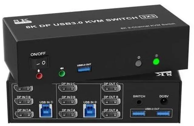 Main image of 8K@60Hz KVM Switch 3 Monitors 2 Computers 4K@144Hz, DP 1.4 8K Displayport KVM Switch Triple Monitor for 2 Computer Share 3 Monitor, Audio Mic Port and 3 USB3.0 Devices, Wired Remote and 5V Adapter